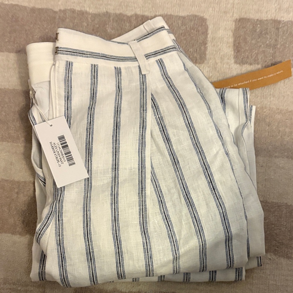 Reformation White Linen Straight-Leg Pants with Navy Stripe